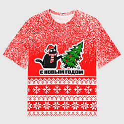 Футболка оверсайз женская С новым годом - котик и ёлка, цвет: 3D-принт