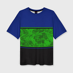 Женская футболка оверсайз Синие, неоновые зеленые мраморные и черные полосы