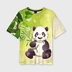 Женская футболка оверсайз Панда на фоне листьев