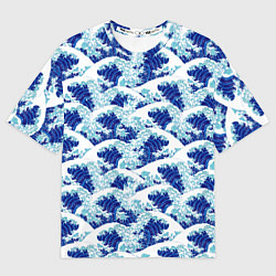 Футболка оверсайз женская Японские синие волны, цвет: 3D-принт