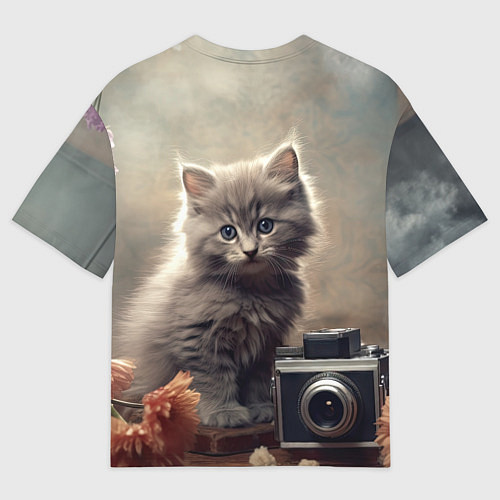 Женская футболка оверсайз Серый котенок, винтажное фото / 3D-принт – фото 2