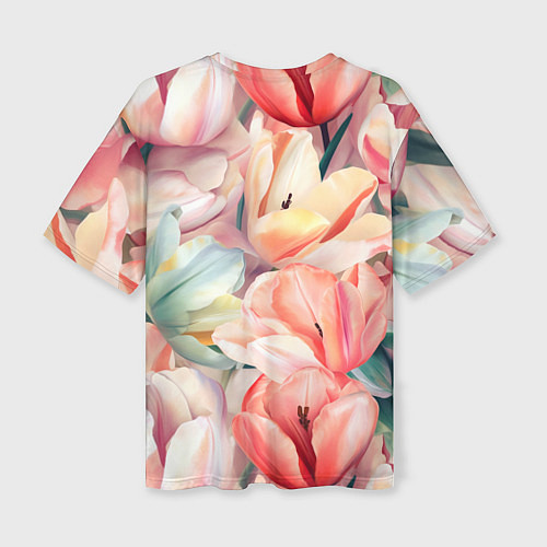 Женская футболка оверсайз Разноцветные пастельные тюльпаны - паттерн / 3D-принт – фото 2