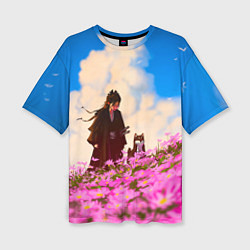 Женская футболка оверсайз Девушка самурай и сиба ину