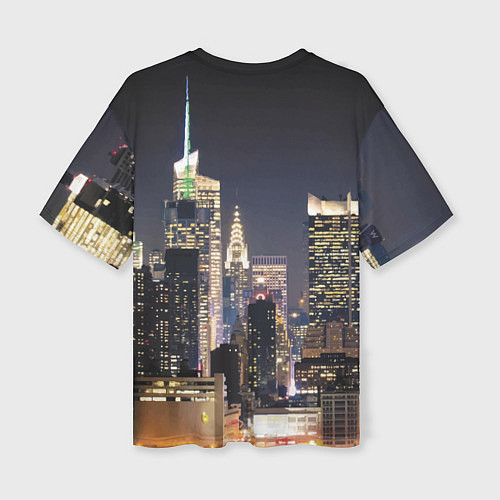 Женская футболка оверсайз Котяра в стиле киберпанк на фоне ночного города / 3D-принт – фото 2