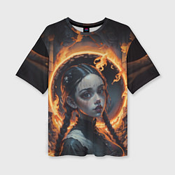 Женская футболка оверсайз Готическая девушка с двумя косами в огненном круге