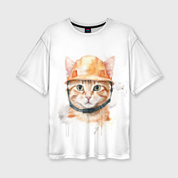 Женская футболка оверсайз Акварельный кот в строительной каске