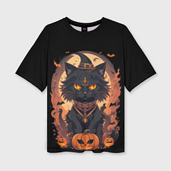 Женская футболка оверсайз Черный кот в хеллоуине