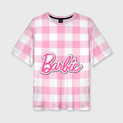 Женская футболка оверсайз Барби лого розовая клетка