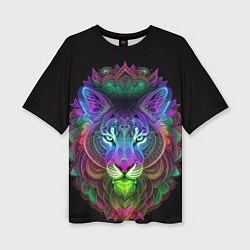 Женская футболка оверсайз Разноцветный неоновый лев