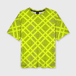 Женская футболка оверсайз Черный геометрический орнамент на желтом фоне