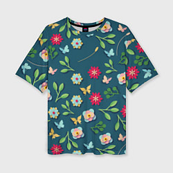 Женская футболка оверсайз Цветы и разноцветные бабочки