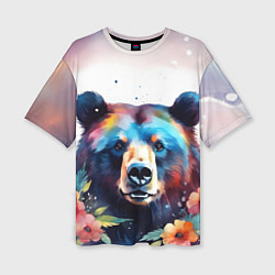 Женская футболка оверсайз Портрет медведя гризли с цветами акварелью