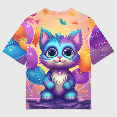Женская футболка оверсайз Котик с воздушными шариками / 3D-принт – фото 2