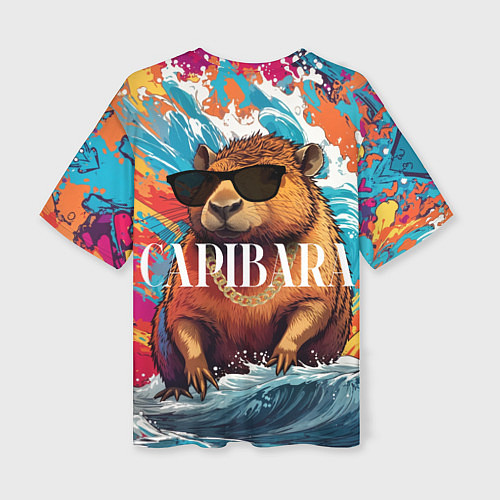 Женская футболка оверсайз Капибара в очках на красочных волнах / 3D-принт – фото 2
