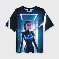 Женская футболка оверсайз Девушка биоробот на космической станции