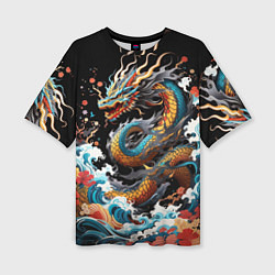 Женская футболка оверсайз Дракон на волнах в японском стиле арт