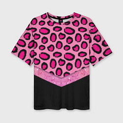 Женская футболка оверсайз Розовый леопард и блестки принт