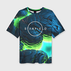 Женская футболка оверсайз Starfield blue green logo