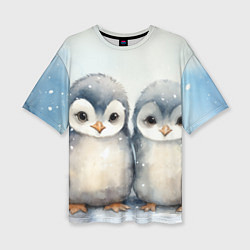 Женская футболка оверсайз Милые пингвины акварель