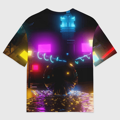Женская футболка оверсайз Cool kitten - cyberpunk - neon glow / 3D-принт – фото 2