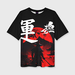 Футболка оверсайз женская Японский самурай и красная луна, цвет: 3D-принт