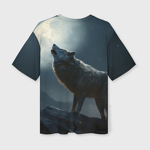 Женская футболка оверсайз Волк воющий на Луну / 3D-принт – фото 2