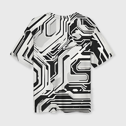 Женская футболка оверсайз Киберпанк белые полосы на чёрном фоне / 3D-принт – фото 2