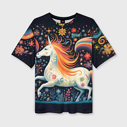 Женская футболка оверсайз Радужная лошадка в стиле фолк-арт