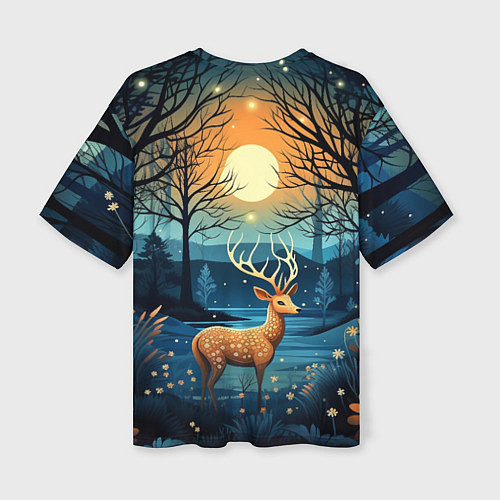 Женская футболка оверсайз Олень в ночном лесу фолк-арт / 3D-принт – фото 2
