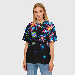 Футболка оверсайз женская Неоновые снежинки - Новый год, цвет: 3D-принт — фото 2