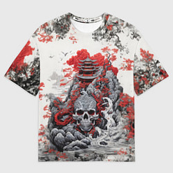 Футболка оверсайз женская Череп под Японским замком, цвет: 3D-принт