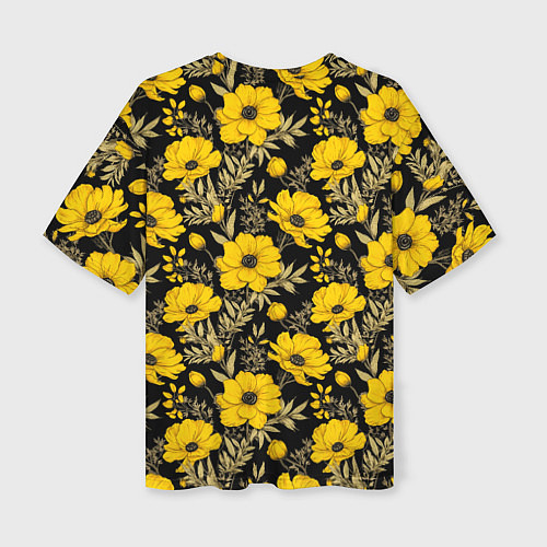 Женская футболка оверсайз Желтые цветы на черном фоне паттерн / 3D-принт – фото 2