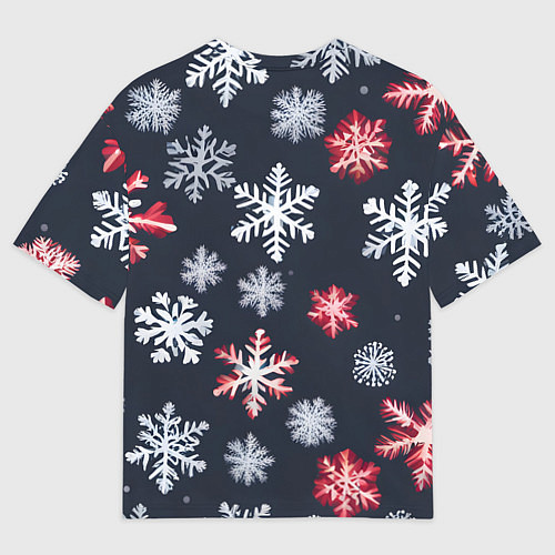Женская футболка оверсайз Снежинки белые и красные / 3D-принт – фото 2