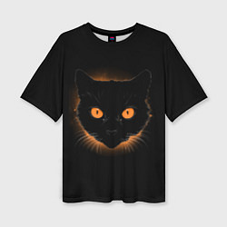 Женская футболка оверсайз Портрет черного кота в оранжевом свечении