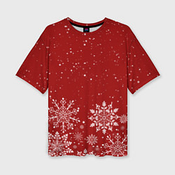 Женская футболка оверсайз Текстура снежинок на красном фоне