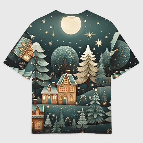 Женская футболка оверсайз Снежная деревня в праздничном наряде / 3D-принт – фото 2
