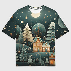 Женская футболка оверсайз Снежная деревня в праздничном наряде