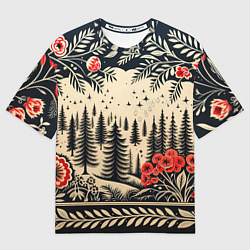 Женская футболка оверсайз Новогодний лес с узорами