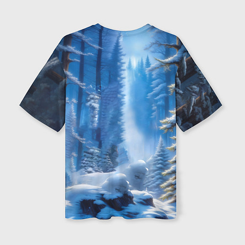 Женская футболка оверсайз Волк в зимнем ночном лесу / 3D-принт – фото 2