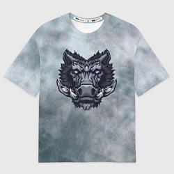 Женская футболка оверсайз Стальной дикий кабан на сером фоне