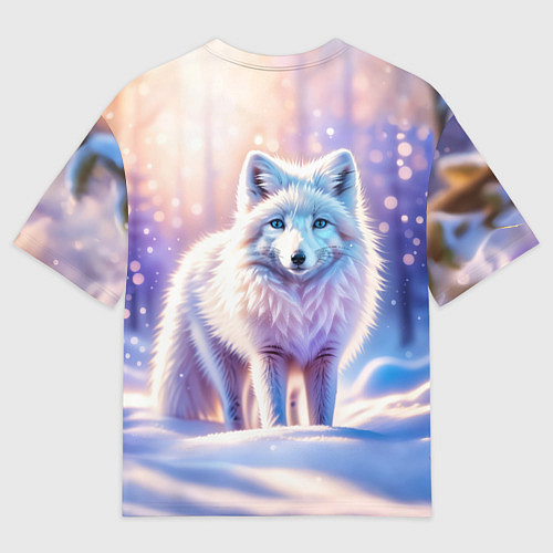 Женская футболка оверсайз Заснеженный зимний пейзаж с песцом / 3D-принт – фото 2