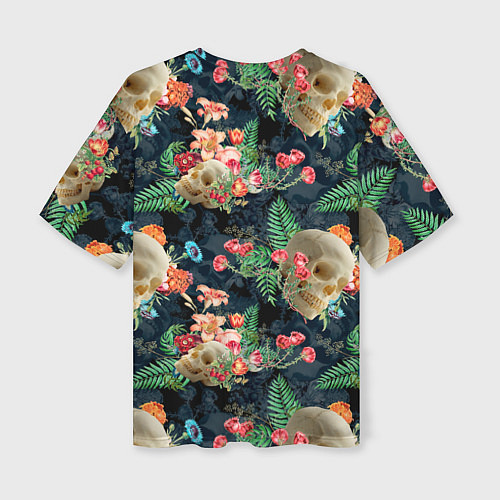 Женская футболка оверсайз Узор из черепов с цветами и листьями / 3D-принт – фото 2