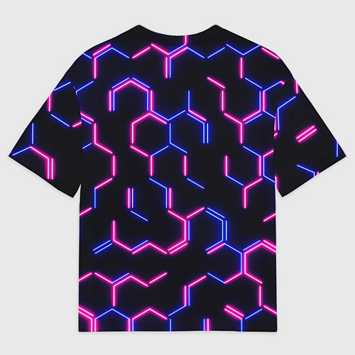 Женская футболка оверсайз Сине-розовые неоновые неполные гексагоны / 3D-принт – фото 2