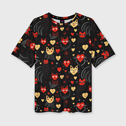 Женская футболка оверсайз Паттерн с сердечками и котами валентинка