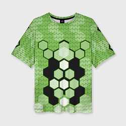 Женская футболка оверсайз Зелёная кибер броня hexagons