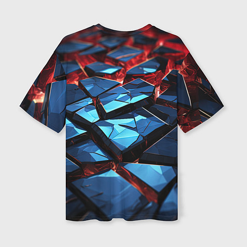 Женская футболка оверсайз Синие абстрактные плиты и красное свечение / 3D-принт – фото 2