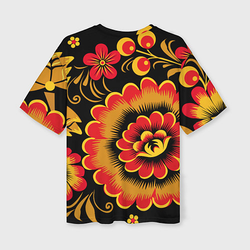 Женская футболка оверсайз Хохломская роспись красно-жёлтые цветы на чёрном ф / 3D-принт – фото 2