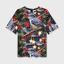 Женская футболка оверсайз Рождественская птица пересмешник