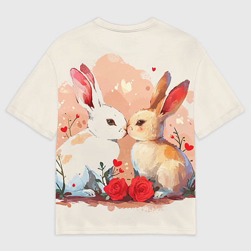 Женская футболка оверсайз Влюбленные кролики с цветочками / 3D-принт – фото 2
