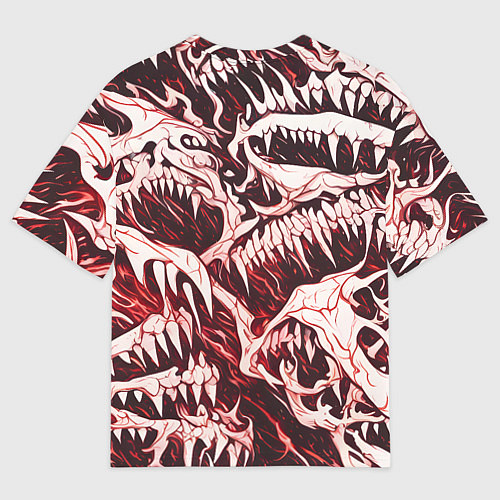 Женская футболка оверсайз Белые клыки на красном фоне / 3D-принт – фото 2